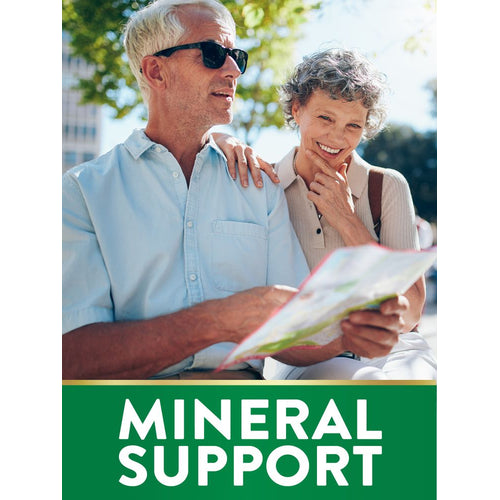 View 4 Older man and smiling woman outdoors looking at a map with a green banner reading 'MINERAL SUPPORT' at the bottom.
