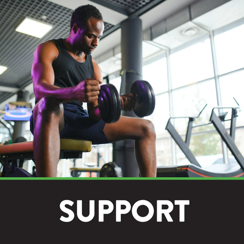 A Black man doing bicep curls with a dumbbell in a gym, showing NT Creatine Powder.