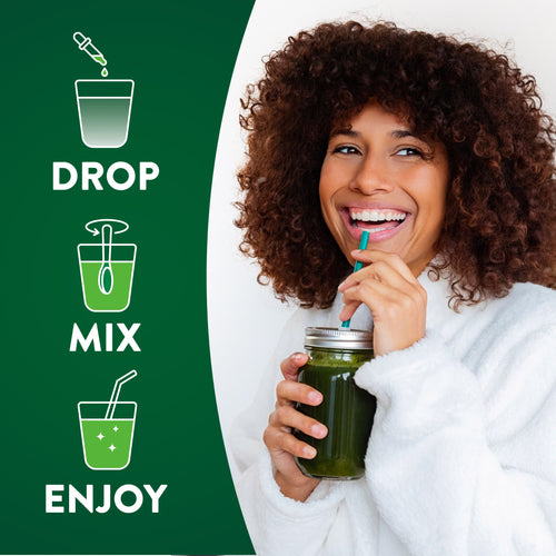 Young adult woman smiling while drinking Chlorophyll liquid, following a 'DROP, MIX, ENJOY' routine.