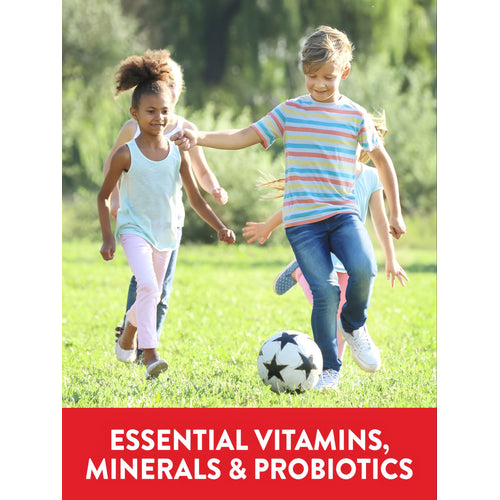 Children play soccer on grass, with text: ESSENTIAL VITAMINS, MINERALS & PROBIOTICS.