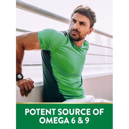A young man exercises outdoors in a green shirt, with text 'POTENT SOURCE OF OMEGA 6 & 9' for Pumpkin Seed Oil.