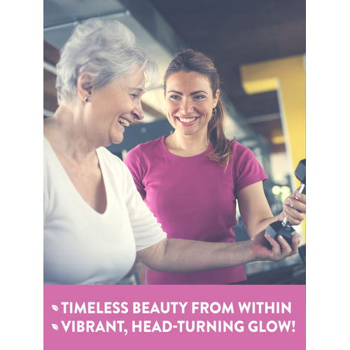An older woman and a younger woman exercising with a dumbbell, both smiling, promoting NT Womens Multi vitamins.