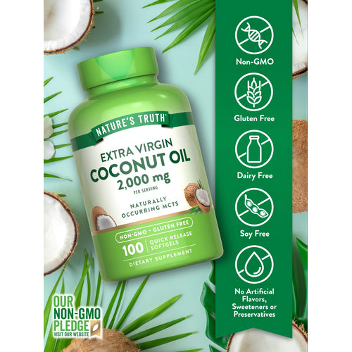 View 4 Hand holding a bulk container of 100 Extra Virgin Coconut Oil Quick Release Softgels, 2,000 mg per serving.