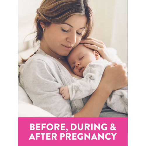 Young mother holding a sleeping baby, showing text 'BEFORE, DURING & AFTER PREGNANCY' for Prenatal Multi + DHA.