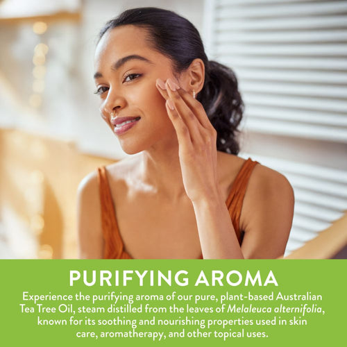 Woman applying product to face. Graphic: PURIFYING AROMA. Australian Tea Tree Oil, soothing/nourishing for skin care, aromatherapy.