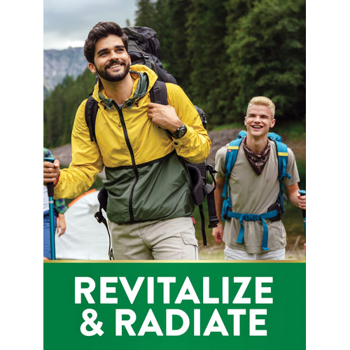 Two men hiking in a forest; one older man in a yellow jacket, one younger man smiling, both with backpacks and trekking poles, for D3.