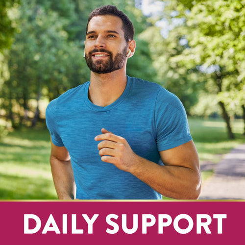 A man jogging outdoors with earbuds, smiling, and a magenta banner displaying the words 'DAILY SUPPORT'.