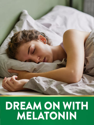 Young woman sleeping in bed with graphic text: 'Dream on with melatonin', promoting restful sleep.