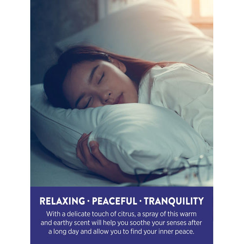 Young woman sleeping peacefully with text: RELAXING • PEACEFUL • TRANQUILITY for Goodnite Spray.