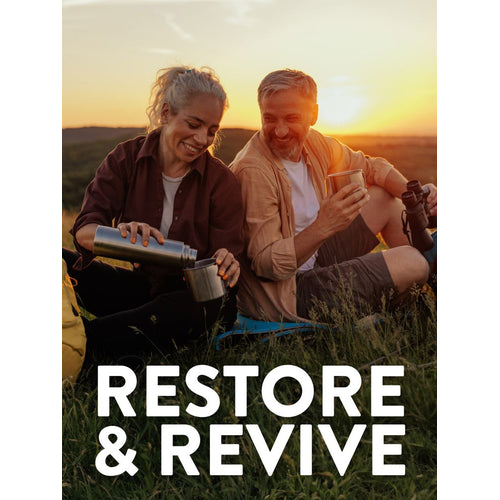 View 4 Older couple relaxing outdoors at sunset, pouring drinks from a thermos. Text: 'RESTORE & REVIVE'.