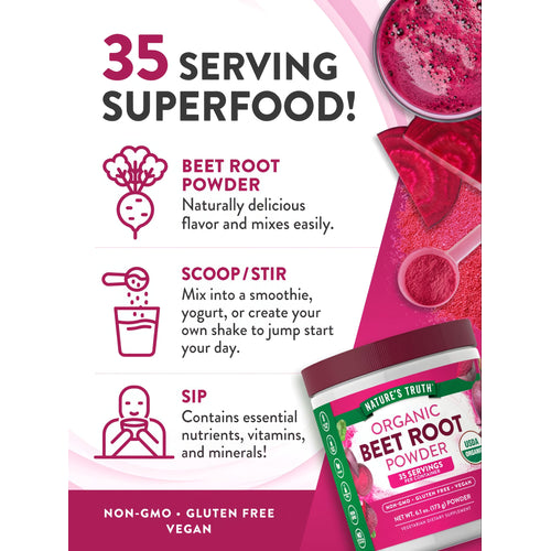 Image of Organic Beet Root Powder with a net weight of 6.1 oz (173 g), displayed on a hand scale.