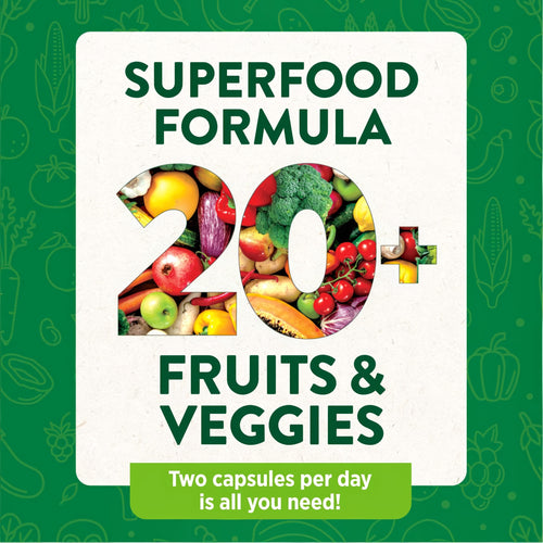 Graphic: 'SUPERFOOD FORMULA', '20+ FRUITS & VEGGIES' with fruits & vegetables in numbers. 'Two capsules per day is all you need!'