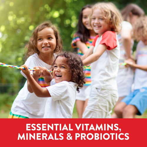 Kids playing tug-of-war outdoors. Graphic text: ESSENTIAL VITAMINS, MINERALS & PROBIOTICS for NT Kids Multi + Probiotic.