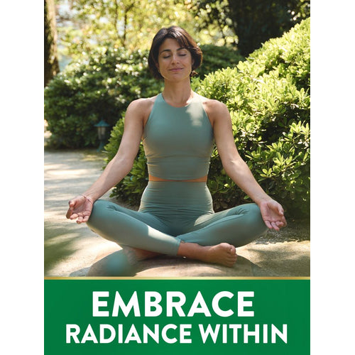 View 4 An adult woman meditates outdoors in a yoga pose with the text 'EMBRACE RADIANCE WITHIN'.