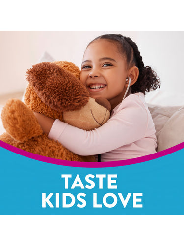 Young girl smiling, hugging a brown stuffed dog while listening with earphones. Graphic text reads 'TASTE KIDS LOVE'.