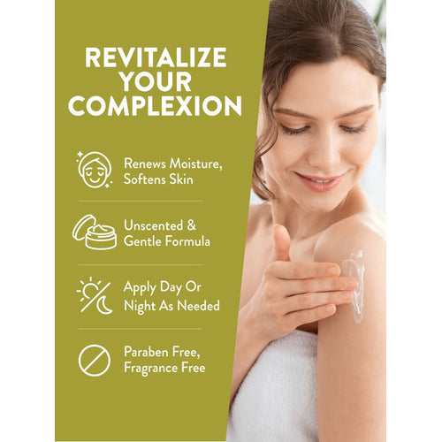 Woman applying Vitamin E-Cream. Graphic lists: Renews Moisture, Softens Skin; Unscented, Gentle; Day/Night; Paraben, Fragrance Free.