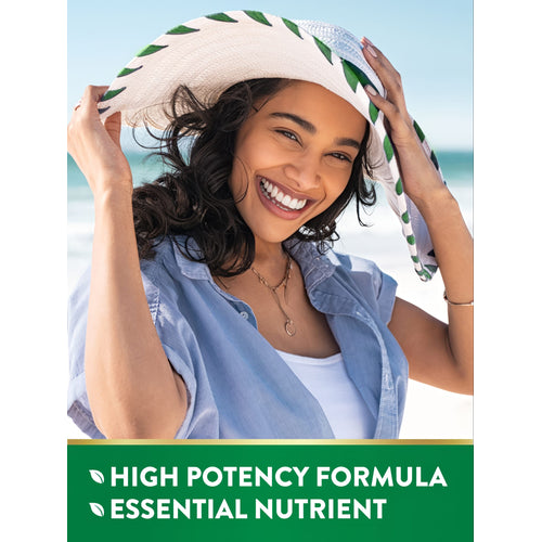 Young woman smiling on a beach, wearing a hat; green banner states: HIGH POTENCY FORMULA and ESSENTIAL NUTRIENT.
