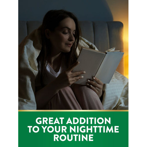 Young woman reading a book in bed, with graphic 'GREAT ADDITION TO YOUR NIGHTTIME ROUTINE' for Valerian Root.