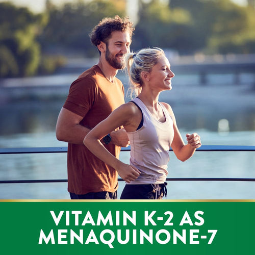 Young adult man and woman running outdoors with a graphic that reads 'VITAMIN K-2 AS MENAQUINONE-7'.