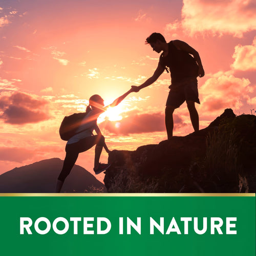 A man assists a woman climbing a rocky mountain at sunset, with the text 'ROOTED IN NATURE' displayed.