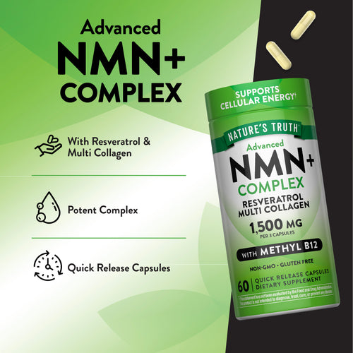 Product highlights graphic stating With Resveratrol & Multi Collagen, Potent Complex, Quick Release Capsules.