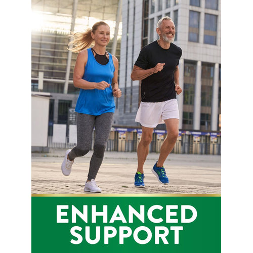 A middle-aged woman and man are smiling while jogging outdoors, symbolizing the benefits of Co Q-10.