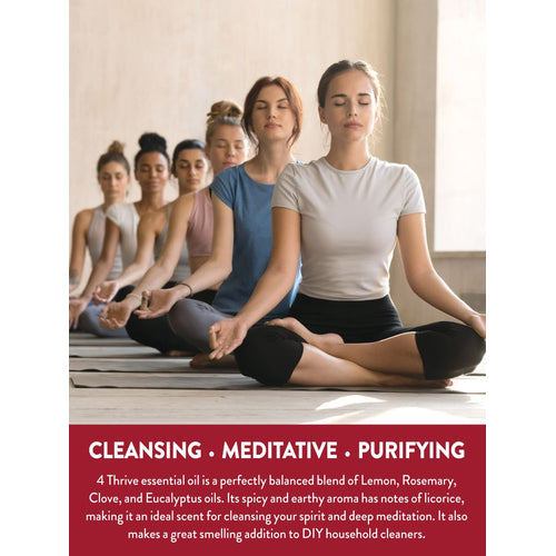 Group of young women meditating with eyes closed in a yoga class, promoting Thrive Oil for relaxation.