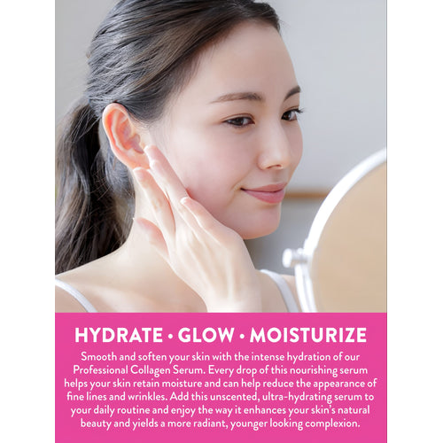 Product highlights graphic stating HYDRATE, GLOW, MOISTURIZE. Collagen Serum helps skin retain moisture, reduce fine lines/wrinkles, enhances beauty.