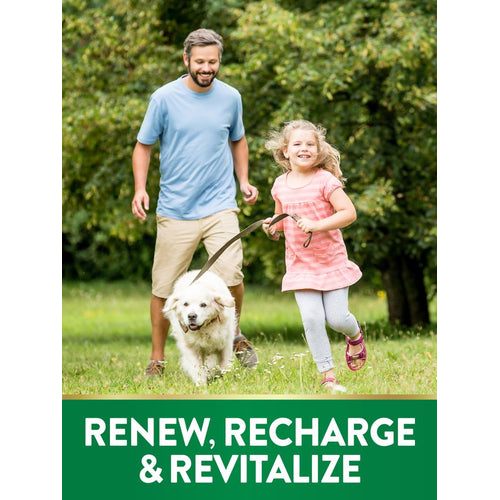 Adult man and young girl run with a white dog on a leash in a park. Green banner states RENEW, RECHARGE & REVITALIZE.