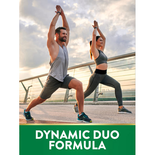 View 4 A man and a woman in athletic wear perform lunges outdoors with their arms raised high, showcasing fitness routines.