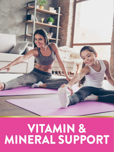 Adult woman and young girl stretching on yoga mats, with a pink banner at the bottom saying 'VITAMIN & MINERAL SUPPORT'.