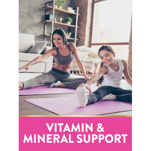 Adult woman and young girl stretching on yoga mats, with a pink banner at the bottom saying 'VITAMIN & MINERAL SUPPORT'.