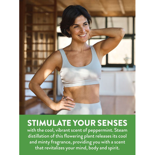 A smiling middle-aged woman in athletic wear, with graphic text: 'STIMULATE YOUR SENSES with the cool, vibrant scent of peppermint.'