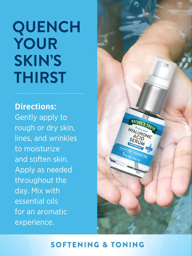 A 1 FL. OZ. (30 mL) bottle of Nature's Truth Professional Hyaluronic Acid Serum held in hands.