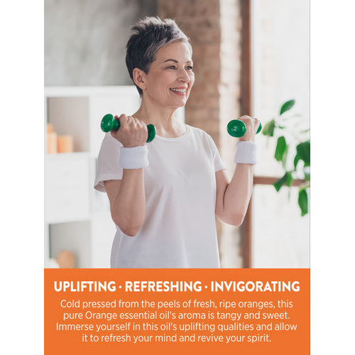 Middle-aged woman exercising with dumbbells; graphic states: UPLIFTING, REFRESHING, INVIGORATING. Orange oil aroma is tangy, sweet.