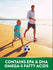 A man and young boy play soccer on a sunny beach. Mini Fish Oil graphic: 'CONTAINS EPA & DHA OMEGA-3 FATTY ACIDS'.