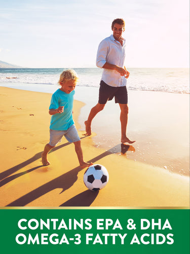 A man and young boy play soccer on a sunny beach. Mini Fish Oil graphic: 'CONTAINS EPA & DHA OMEGA-3 FATTY ACIDS'.