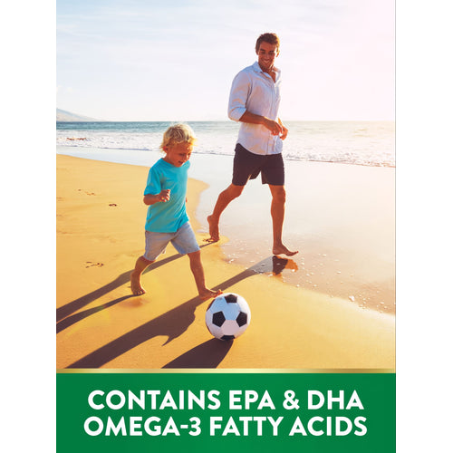 A man and young boy play soccer on a sunny beach. Mini Fish Oil graphic: 'CONTAINS EPA & DHA OMEGA-3 FATTY ACIDS'.