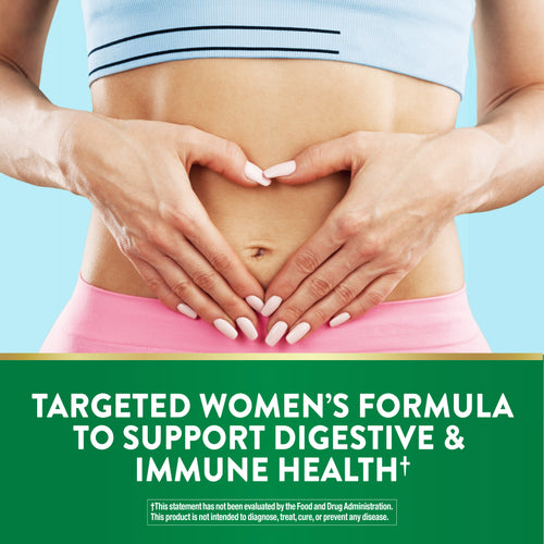 Woman's hands form a heart on her abdomen; graphic text reads 'Targeted Women's Formula to Support Digestive & Immune Health'.