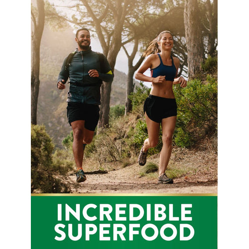 A man and woman running on a dirt trail outdoors. A green box at the bottom reads 'INCREDIBLE SUPERFOOD'.