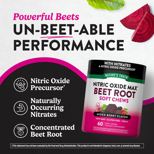 A hand holds a package of 60 Nature's Truth Nitric Oxide Max Beet Root Soft Chews, showcasing their portability and natural supplement benefits.