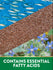 Fish in water, flax seeds, and borage flowers next to a green banner that states 'CONTAINS ESSENTIAL FATTY ACIDS'.