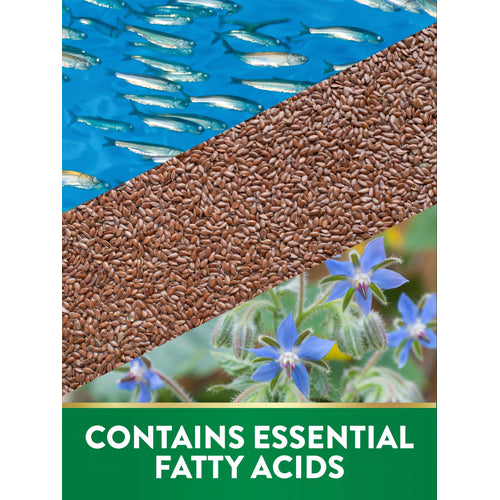 Fish in water, flax seeds, and borage flowers next to a green banner that states 'CONTAINS ESSENTIAL FATTY ACIDS'.