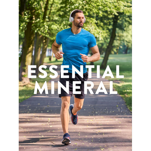An adult man runs outdoors with the phrase 'ESSENTIAL MINERAL' displayed in white text.