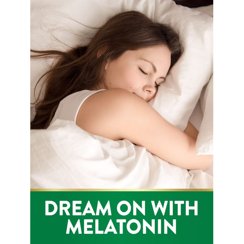 A young woman sleeps peacefully. Text reads: DREAM ON WITH MELATONIN.