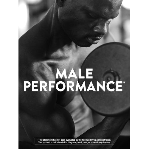 An adult man lifts a dumbbell, with the words 'MALE PERFORMANCE*' overlaid in white on the image.