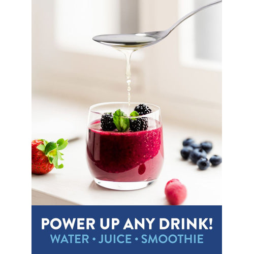 Clear liquid pours from a spoon into a berry smoothie with blackberries, mint, strawberry, blueberries. Text: POWER UP ANY DRINK! WATER • JUICE • SMOOTHIE