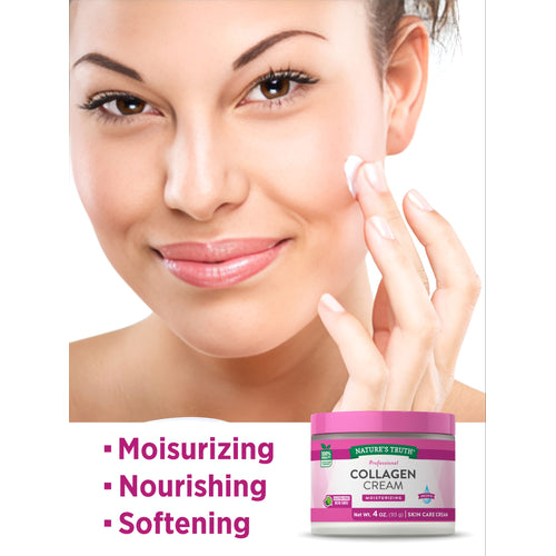 A young woman applies cream to her cheek with a jar of Collagen Cream nearby.