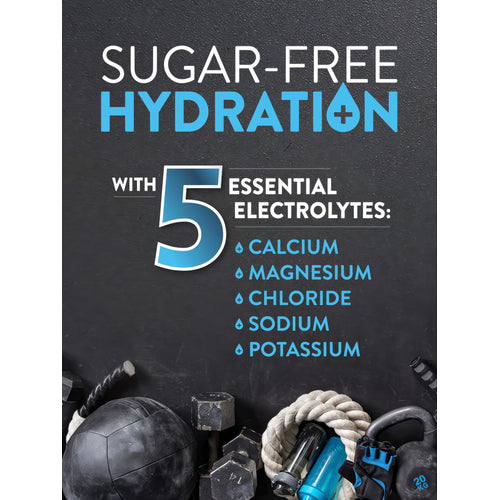 Product highlights graphic stating Sugar-Free Hydration with 5 Essential Electrolytes: Calcium, Magnesium, Chloride, Sodium, Potassium.
