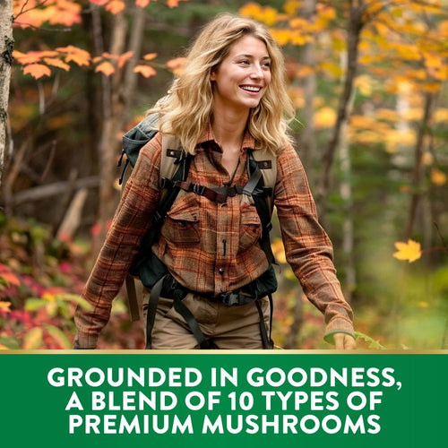 This product features a premium blend of 10 types of mushrooms, each grounded in goodness for enhanced quality and taste.